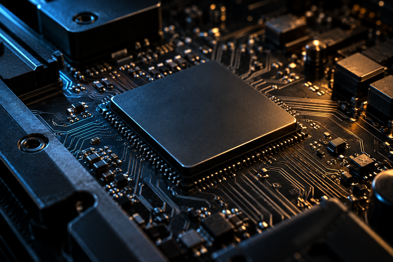 Precision circuit board illuminated in RoyalKnightsTechs blue and gold